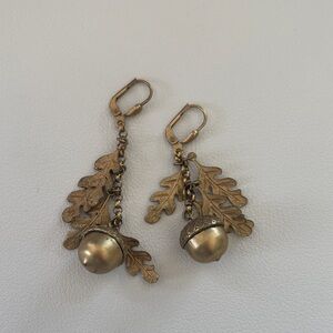 Antique Brass Oak Leaf and Acorn Drop Earrings